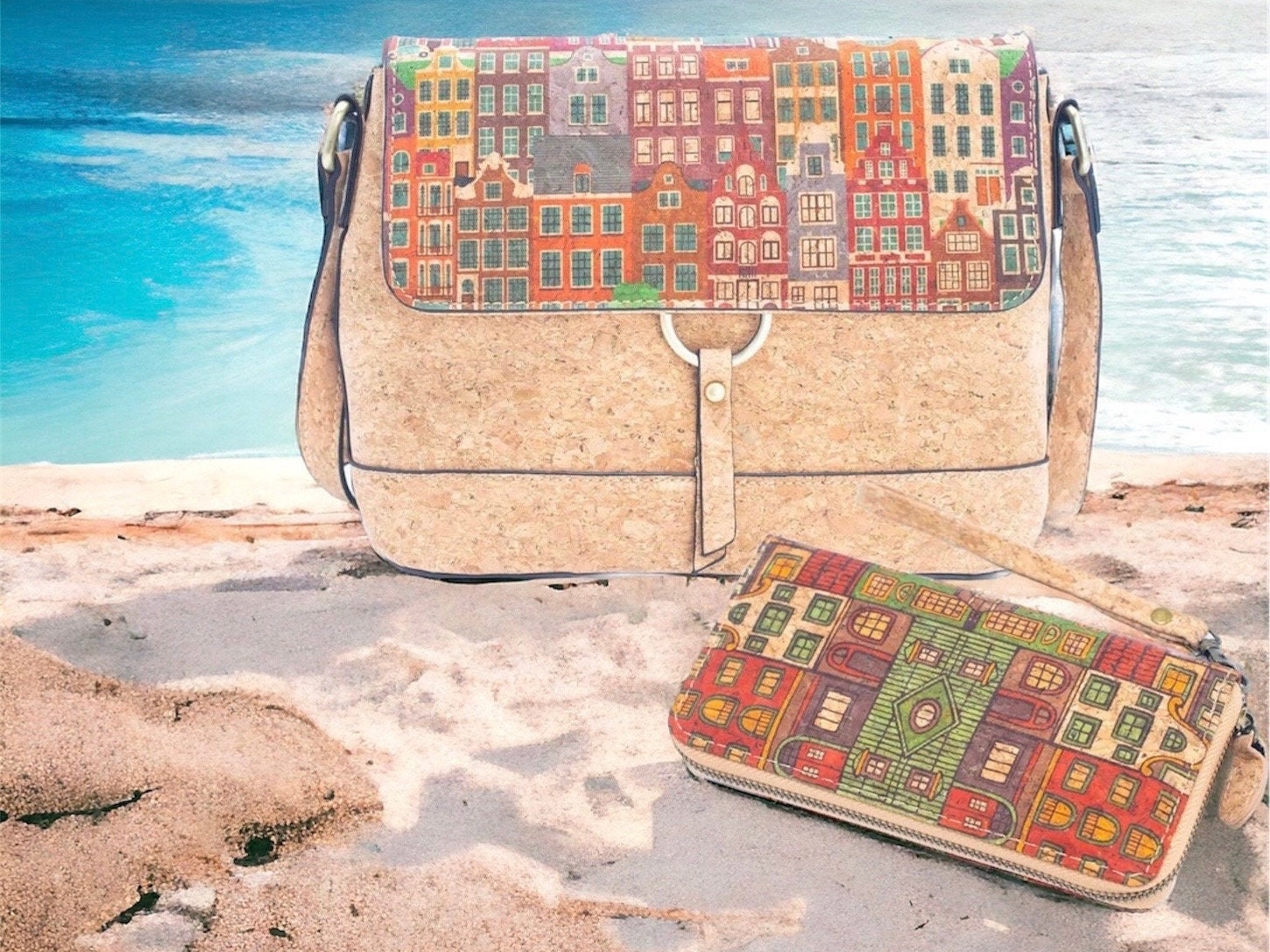 Chic and Sustainable Cork Leather Crossbody Bag and Wallet Set Mediterranean Town Village Pattern. by Ecolifearth