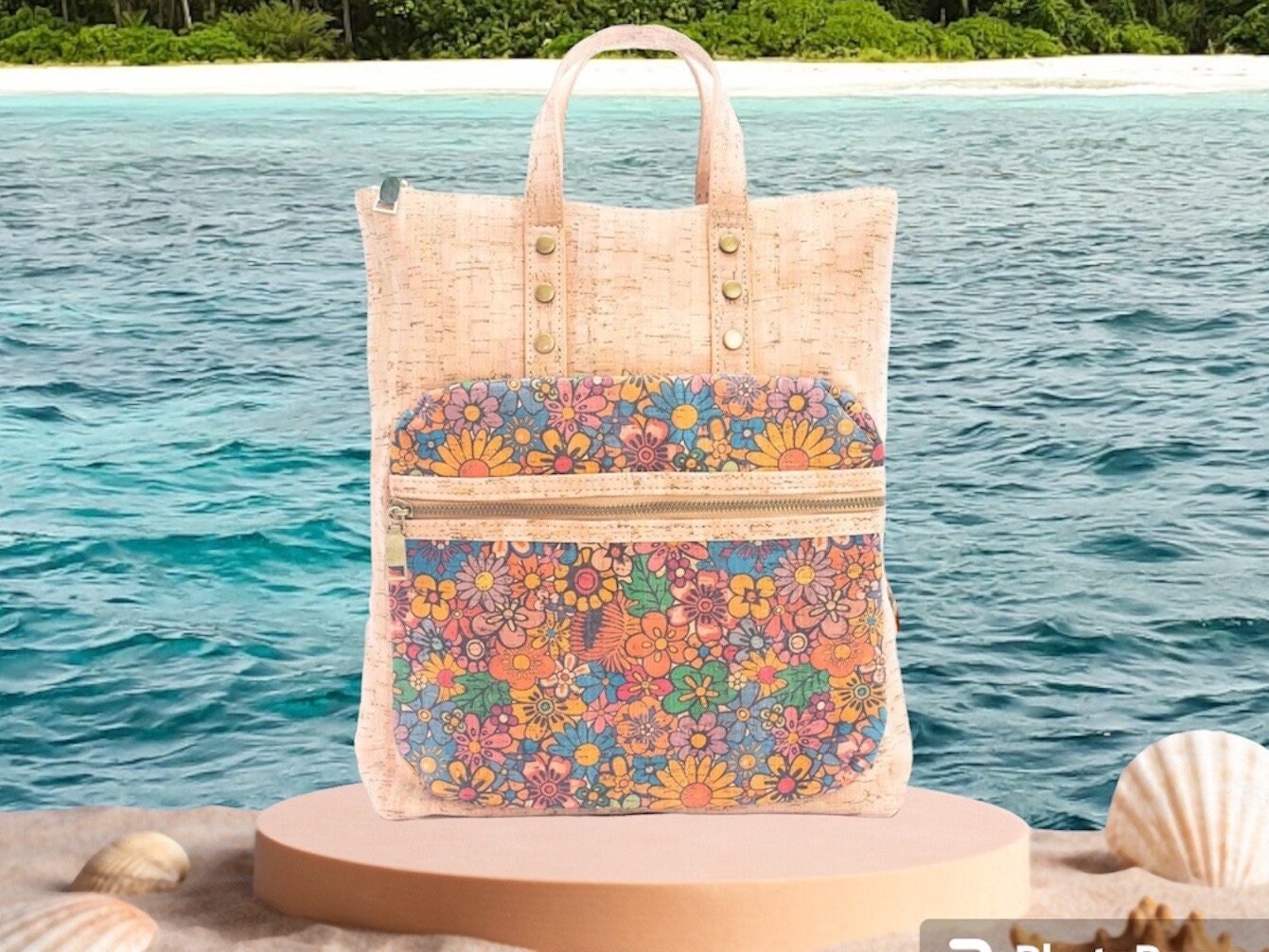 Backpack Summer Flowers Fabric, Inspired Cork Leather Eco-Friendly and Sustainable by Ecolifearth