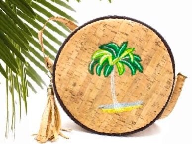 Round Handbag with Embroidered Palm Tree Design - Eco-Friendly and Stylish Summer Bag